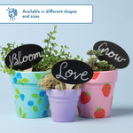 Three painted terracotta pots with small chalkboard signs reading “Bloom,” “Love,” and “Grow,” styled with plants.