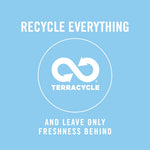 Light blue graphic with Terracycle logo and text 'RECYCLE EVERYTHING' and 'AND LEAVE ONLY FRESHNESS BEHIND'.