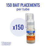 TERRO applicator tube pictured next to bold text '150 bait placements per tube' with a circular 'x150' graphic