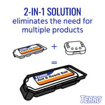 Illustration showing a 2-in-1 solution graphic combining liquid and paste bait into one TERRO ant and roach bait station