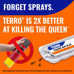Orange graphic stating TERRO is 2X better at killing the queen with a near view of a TERRO Liquid Ant Bait station and ants.
