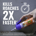 Hand applying TERRO Roach Bait Gel with text overlay “KILLS ROACHES 2X FASTER” and small stopwatch icon