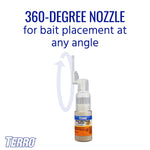 TERRO powder bottle shown with a 360-degree rotating nozzle illustration and copy about bait placement at any angle