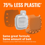 Promotional graphic showing a TERRO bait station and text '75% less plastic' with orange background comparing old and new designs.