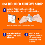 Instruction graphic on orange background showing hands applying included adhesive foam strip to a TERRO bait station with step text.