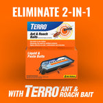Promotional orange panel showing TERRO Ant & Roach Baits retail box and the headline “ELIMINATE 2-IN-1”