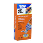 Angled front view of TERRO Ant Killer orange retail box showing ant graphic and usage text