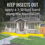 House exterior with highlighted yellow band along foundation and text instructing to apply a 3–10 foot band to keep insects out