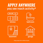 Orange infographic panel reading “APPLY ANYWHERE you see roach activity” with icons for kitchen, bathroom, basement, garage