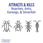 White infographic with blue TERRO logo stating 'Attracts & Kills Roaches, Ants, Earwigs, & Silverfish' with simple insect icons