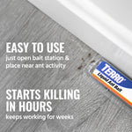 Bait station placed near a baseboard on a wood floor with ants and text explaining easy to use and starts killing in hours.
