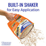 Hand tipping an orange TERRO Ant Killer ShakerBag to pour granules, with large text about built-in shaker