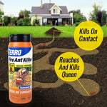 Terro Fire Ant Killer container beside a cross-section illustration of ant tunnels with callouts about killing the queen