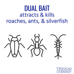 Simple line icons of a cockroach, an ant, and a silverfish with text about dual bait attracting and killing pests