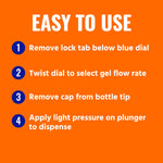 Orange instructional graphic titled “EASY TO USE” with four numbered steps for preparing and dispensing the gel