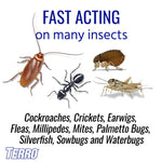 Illustrations of common pests including a cockroach, ant, flea and cricket with text claiming fast acting on many insects
