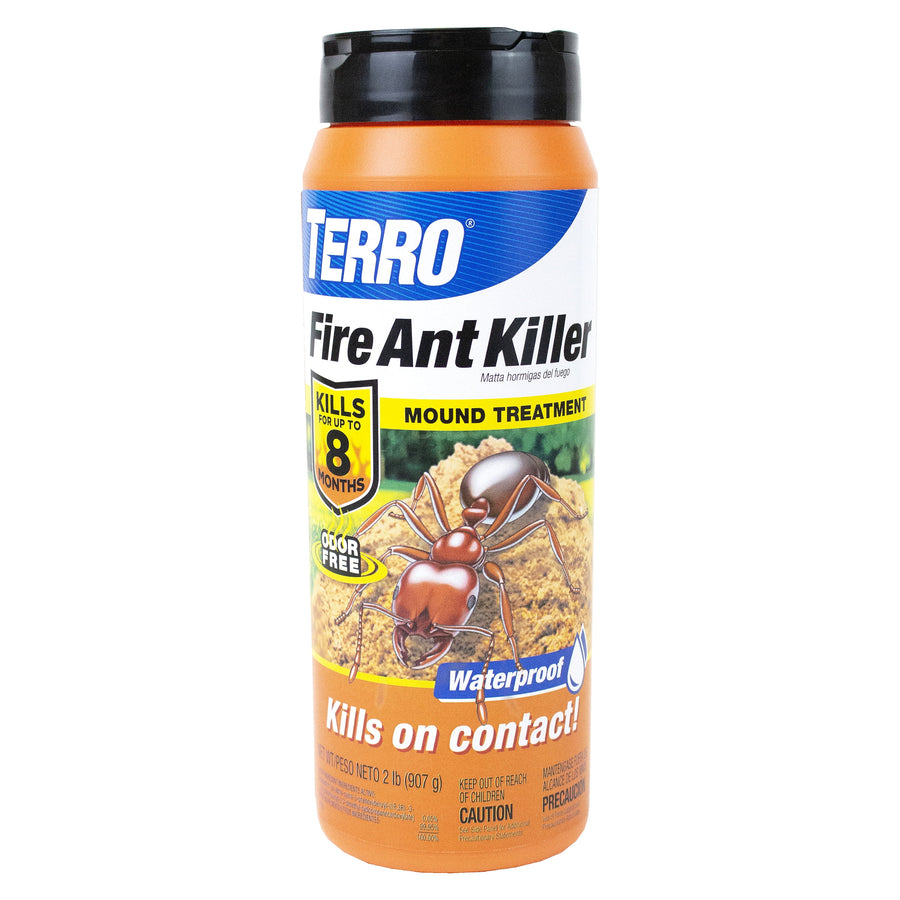 Tall orange Terro Fire Ant Killer granules container with label showing an ant mound illustration