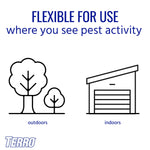 Graphic showing simple outdoor and indoor icons with copy 'Flexible for use where you see pest activity' and TERRO logo