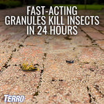 Close view of granules scattered on paver surface with text stating fast-acting granules kill insects in 24 hours