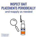 Instructional graphic urging users to inspect bait placements periodically with a magnifying-glass icon and TERRO applicator drawing