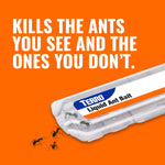 Close-up lifestyle graphic of a TERRO Liquid Ant Bait station with ants and headline text about killing visible and hidden ants.