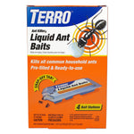 Front-facing product box of TERRO Liquid Ant Baits showing brand, ant graphic, bait station image and orange informational panel.