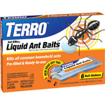 Box of TERRO Liquid Ant Baits showing brand logo, an ant illustration, and a blister of bait stations with orange and blue packaging.