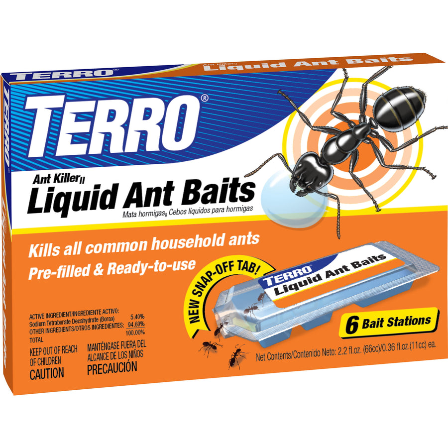 Box of TERRO Liquid Ant Baits showing brand logo, an ant illustration, and a blister of bait stations with orange and blue packaging.