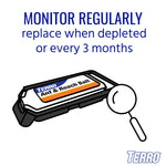 TERRO bait station illustration with a magnifying glass and text advising to monitor and replace bait regularly