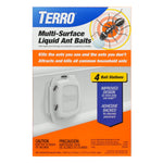 TERRO branded retail box for multi-surface liquid ant baits showing product image, ants illustration, and '4 bait stations' callout.