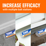 Striped triptych showing TERRO Liquid Ant Bait stations placed along different thresholds with headline about increasing efficacy.