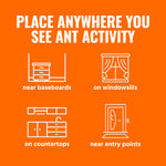 Placement guidance graphic on orange background illustrating where to place TERRO bait stations: near baseboards, windowsills, countertops, and entry points.