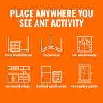 Placement guide graphic on orange background with icons for where to place TERRO bait stations around the home.