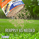 TERRO bag pouring granules onto green lawn with scattered particles and text reading reapply as needed