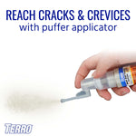 Hand using TERRO puffer applicator to place powder into a crack with text reading 'Reach Cracks & Crevices with puffer applicator'