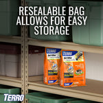 Two TERRO Ant Killer bags on a shelf in a garage or storage area with text about resealable bag for easy storage