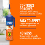TERRO Roach Bait Gel bottle at left with orange panel listing benefits: controls roaches, easy to apply, no mess
