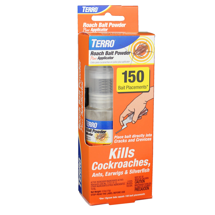 Tall orange TERRO Roach Bait Powder retail box with visible applicator bottle and 150 bait placements callout