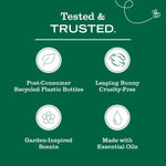 Green icon panel stating tested & trusted with icons for recycled bottles, cruelty-free, scents, and essential oils