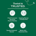 Green infographic panel with icons and text stating tested & trusted, recycled plastic bottles, cruelty-free and made with essential oils.