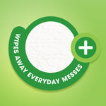 Circular graphic close-up showing cloth texture with a plus icon and 'wipes away everyday messes' text