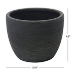 Matte black textured ceramic planter with dimensions indicated beside and below the pot