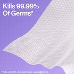 Close-up of a textured white sanitizing wipe fabric waving over a purple background and text about killing 99.99% of germs