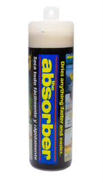 Close-up front view of The Absorber drying towel tube showing bold blue logo and instructional images