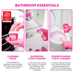 Three-panel infographic showing The Pink Stuff cleaning paste, foam spray and toilet powder in use