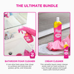 Two photos showing The Pink Stuff bathroom foam cleaner used at a sink and cream cleaner used on outdoor tile, labeled 'The Ultimate Bundle'