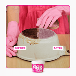 Before-and-after cleaning image showing a dirty pot half-scrubbed clean, pink-gloved hands and product tub.