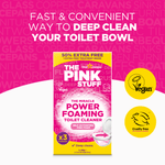 Promotional graphic showing The Pink Stuff Power Foaming Toilet Cleaner box and vegan/cruelty-free icons on pink background.