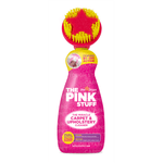 Bottle of The Pink Stuff carpet and upholstery cleaner with built-in star brush shown on white background