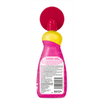 Rear view of The Pink Stuff cleaner bottle with attached red and yellow brush head and visible product back label